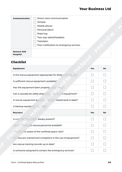 Confined Space Rescue Plan Form Template Haspod