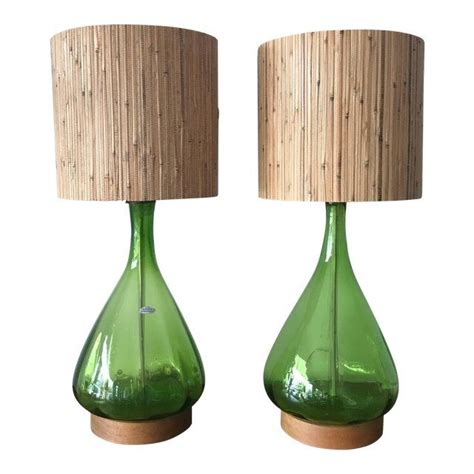 PAIR OF UNUSUAL BLENKO OLIVE GREEN GLASS TABLE LAMPS W What Looks Like Grasscloth Drum Shades