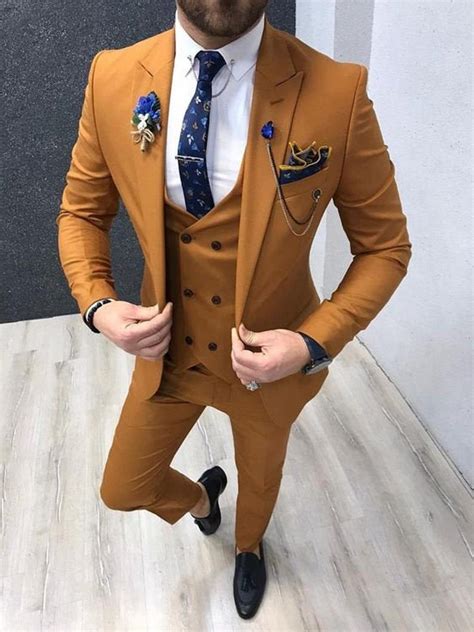 Mens Mustard Yellow 3 Piece Prom Suit Slim Fit Wedding Wear One Button