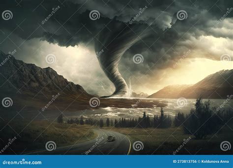 Tornado In Stormy Landscape Climate Change And Nature Disaster