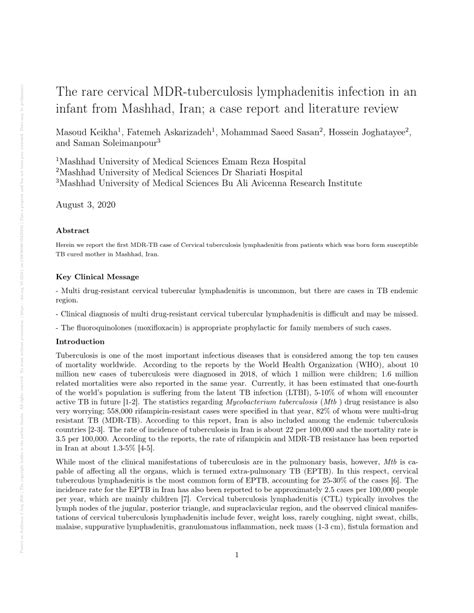Pdf The Rare Cervical Mdr Tuberculosis Lymphadenitis Infection In An