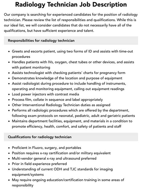 Radiology Technician Job Description Velvet Jobs