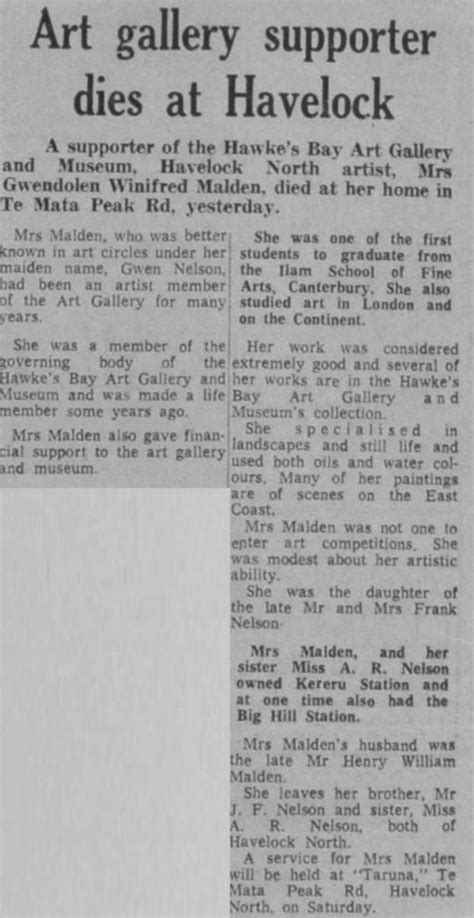 Newspaper Article 1973 Art Gallery Supporter Dies At