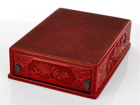 Cinnabar Lacquer Stationery Box With Floral Motifs Zother Oriental
