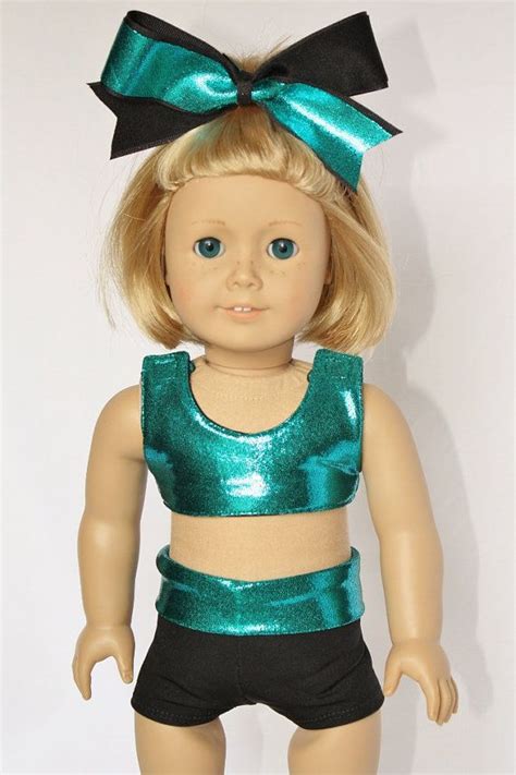 american girl 18 doll cheerleader sports bra shorts and bow teal mystique and black doll