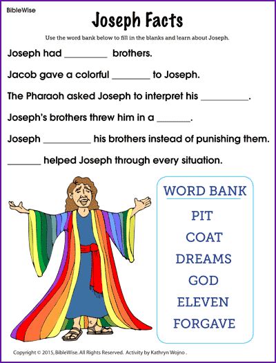 Joseph Facts Fill In The Blank Kids Korner Sunday School