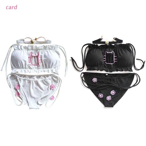card women erotic anime cosplay lingerie cute cat kitten embroidery keyhole hollow bra panty