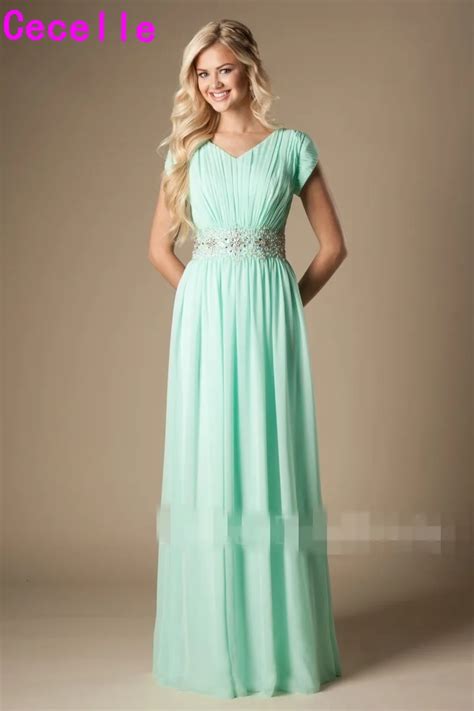 Mint Green Long Modest Bridesmaid Dresses With Cap Sleeves Beaded