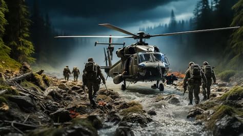 Premium Photo A Group Of Soldiers Walking Next To A Helicopter In The