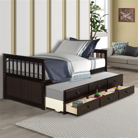 Kids Bed For With Pull Out Bed Couch Boys Girls Espresso Captains