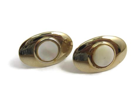Vintage Cufflinks For Men Simple Mother Of Pearl Gold Tone Oval