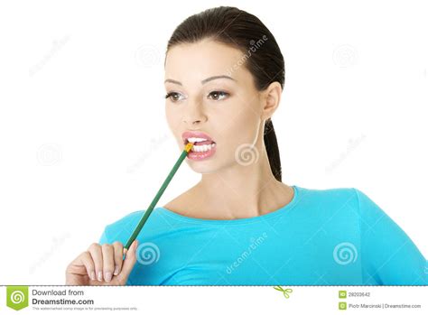 Thoughtful Woman Biting Pencil Stock Photo Image Of Beautiful