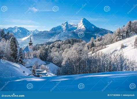 Panoramic View Of Beautiful Winter Landscape In The Bavarian Alps Stock