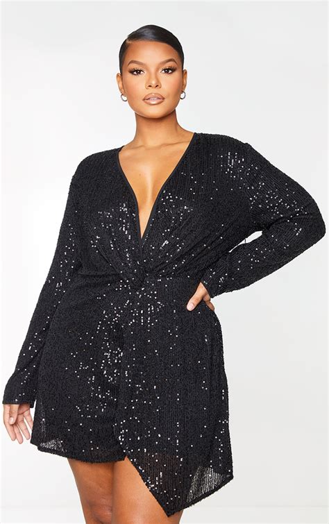 Plus Black Sequin Long Sleeve Wrap Dress Prettylittlething Ie