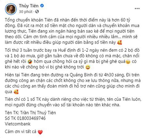 Đã có rất nhiều bình luận ủng hộ những việc làm của thuỷ tiên sau hàng loạt ồn ào về chuyện từ thiện. Thủy Tiên thông báo số tiền quyên góp ủng hộ miền Trung đã ...