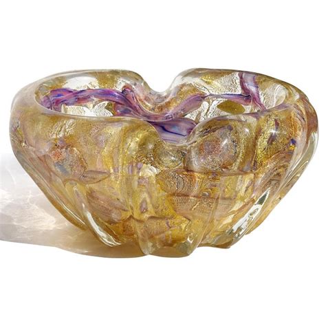 Barovier Toso Murano Gold Flecks Purple Blue Spots Italian Mid Century Art Glass Bowl Ashtray