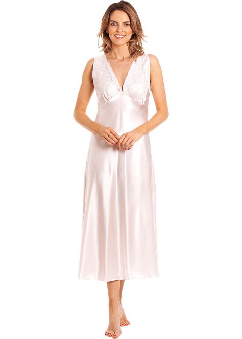 Womens Satin Long Chemise Nightdress Nightie With Build Up Lace