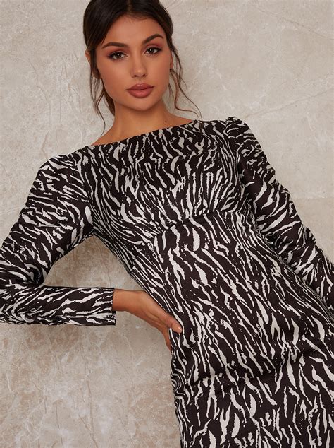 Zebra Print Long Sleeved Slip Dress In Monochrome Chi Chi London