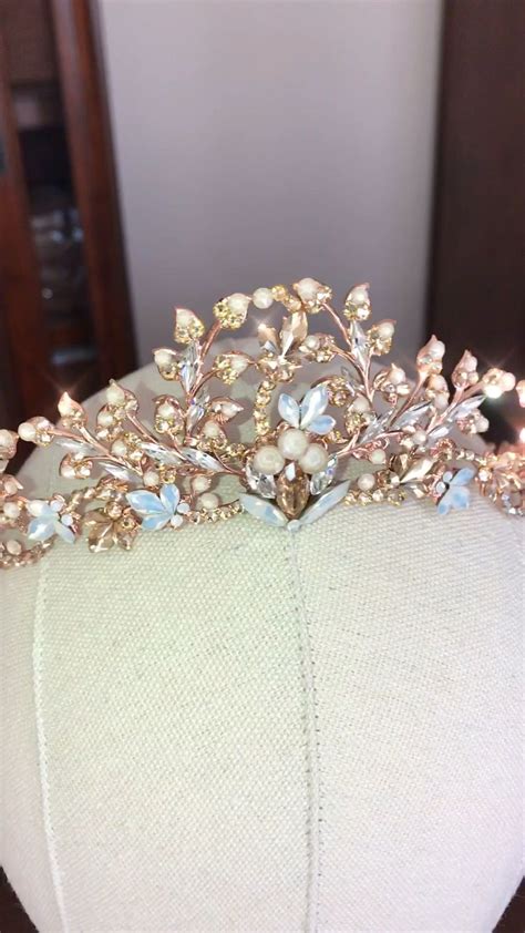 Rose Gold Bridal Leaf Tiara Crown With Austrian Crystals