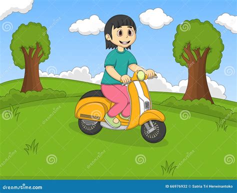 the girl riding a scooter in the park cartoon stock vector illustration of modern happiness