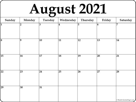 Print August 2021 Calendar Blank Printable Template Pdf Word Excel
