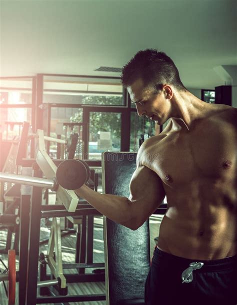 Man Doing Biceps Curls In Gym Stock Image Image Of Fitness Male