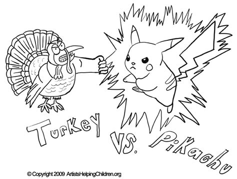 Thanksgiving Pikachu Fighting Turkey Crafts Activity Coloring Pages