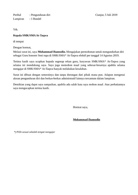 Namun dikarenakan alasan tertentu, seorang guru bisa saja mengundurkan diri dari pekerjaanya. Contoh Surat Pengunduran Diri Dari Yayasan Pendidikan ...