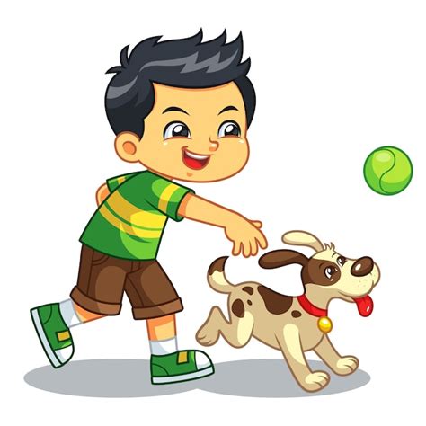Niño Jugando Con Su Perro Mascota Vector Premium