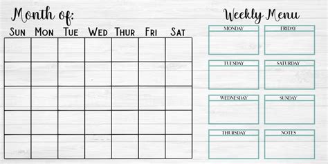 monthly calendar weekly menu  includes