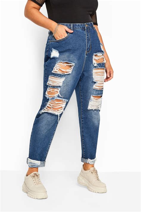 Yours Clothing Womens Plus Size Mid Blue Extreme Ripped Mom Jeans Mom