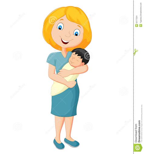 Cartoon Young Mother Tenderly Embracing Their Baby Stock