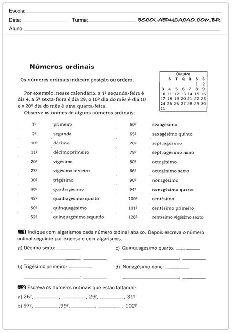 Atividades N Meros Ordinais Ano Ensino Fundamental Fa A O Que Se Pede Escola Educa O