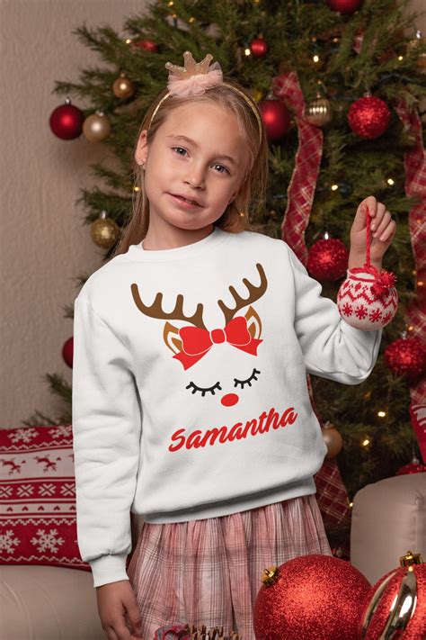 Personalized Christmas Sweatshirt For Girl Cute Reindeer Sweater With Name Girls  Girls