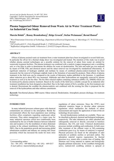 Pdf Plasma Supported Odour Removal From Waste Air In Water Treatment