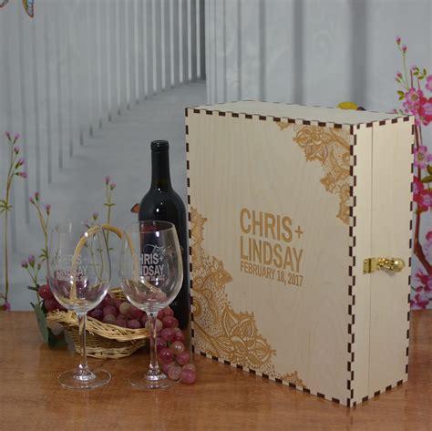 Ceremony Wedding Wood Wine Gift Box With 2 Personalized 16 Oz Crystal