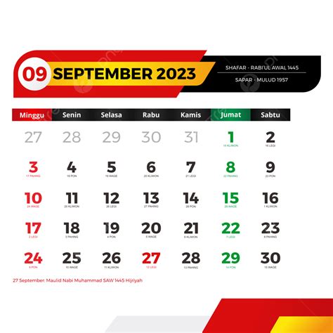 カレンダー 2023 年 9 月 レンカップ デンガン タンガル メラ キューティ ベルサマ ジャワ ダン ヒジュリヤイラスト画像とpng