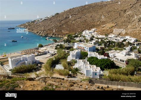 Greece Mykonos Above Cove Called Psarou At Beach And Water Stock Photo