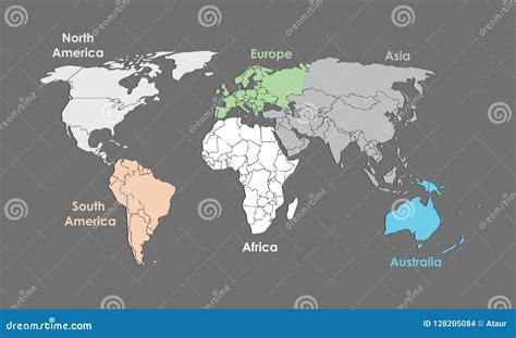 A Colorful World Map Of Different Continents And Colors Stock Vector