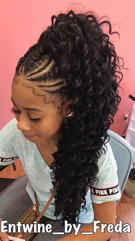Feed-in braids with High Curly Ponytail | Natural hair ...