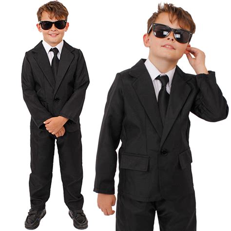 Childs Secret Agent Costume Tv Film Fbi Black Suit Glasses Boys Fancy