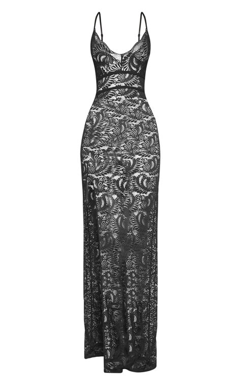 Black Sheer Lace Extreme Split Maxi Dress Prettylittlething