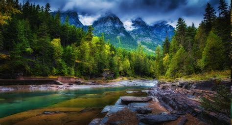 mountain, Clouds, Forest, River, Trees, Spring, Green, Nature ...
