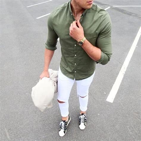 An Olive Green Shirt Ripped White Jeans And Chucks Denim Outfit Men