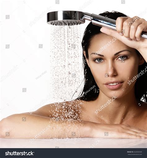 Portrait Beautiful Brunette Woman Holds Shower Stock Photo