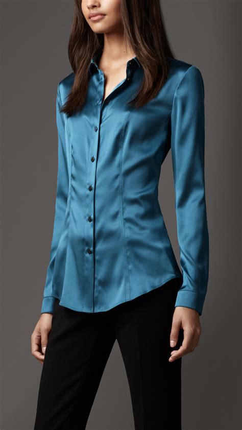 Lyst Burberry Slim Fit Stretch Silk Shirt In Blue