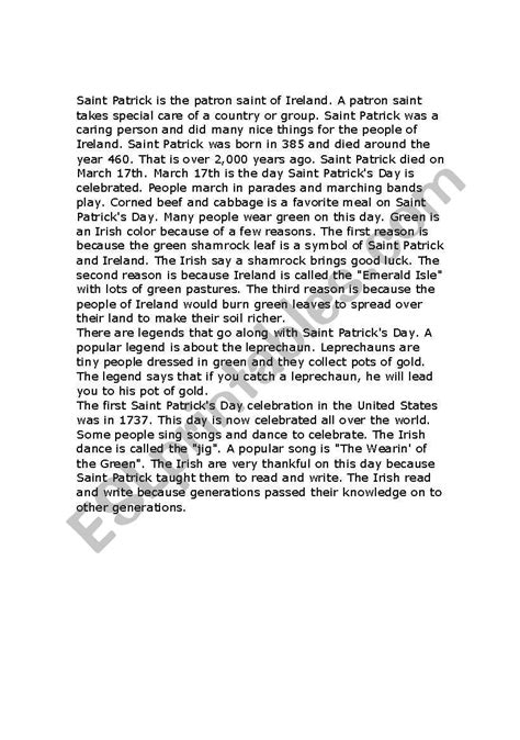 A quality educational site offering 5000+ free printable theme units, word puzzles, writing forms, book report forms,math, ideas, lessons and much more. St. Patrick´s Day - Reading Comprehension - ESL worksheet ...