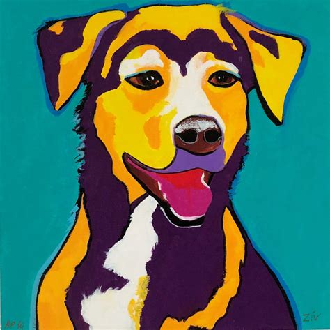 A Painting Of A Yellow And Black Dog With His Tongue Out On A Blue