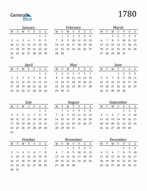 1780 Yearly Calendar Templates With Monday Start