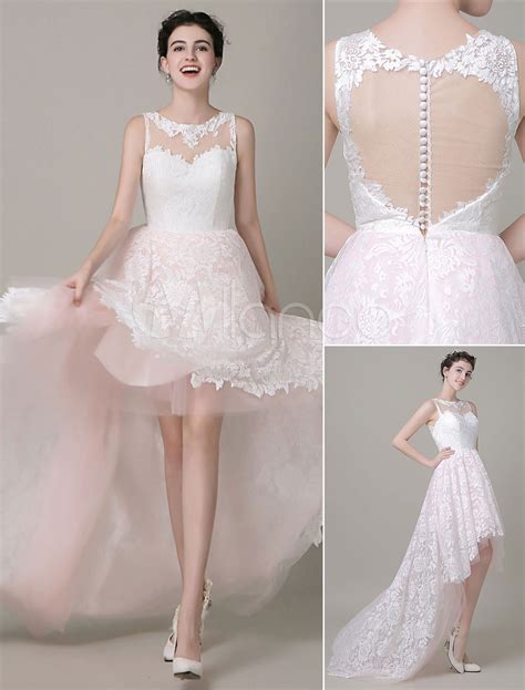 High Low Wedding Dress Lace Illusion Neckline Bridal